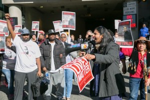 Seattle City Council Member Kshama Sawant speaks to the crowd. Credit: Alex Garland