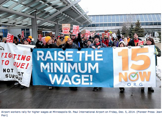 Airport workers rally for higher wages at Minneapolis-St. Paul International Airport on Friday, Dec. 5, 2014. (Pioneer Press: Jean Pieri)
