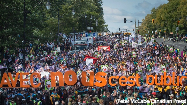 A Quebec coalition of public-sector unions marching in early October 2015. A Quebec coalition of public-sector unions marching in early October 2015. (Peter McCabe/Canadian Press)