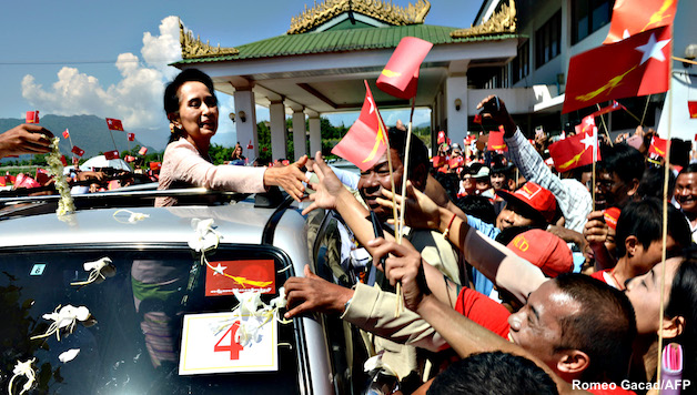 Myanmar opposition leader Aung San Suu K...Myanmar opposition leader Aung San Suu Kyi greets supporters and Shan ethnic minorities on arrival at Tachileik airport in Shan State to campaign for National League for Democracy (NLD) on October 21, 2015. European Union observers will be given access to voting on military bases for next month's Myanmar election, an official said, a move to bolster oversight of a poll billed as the country's fairest in decades. AFP PHOTOROMEO GACAD/AFP/Getty Images