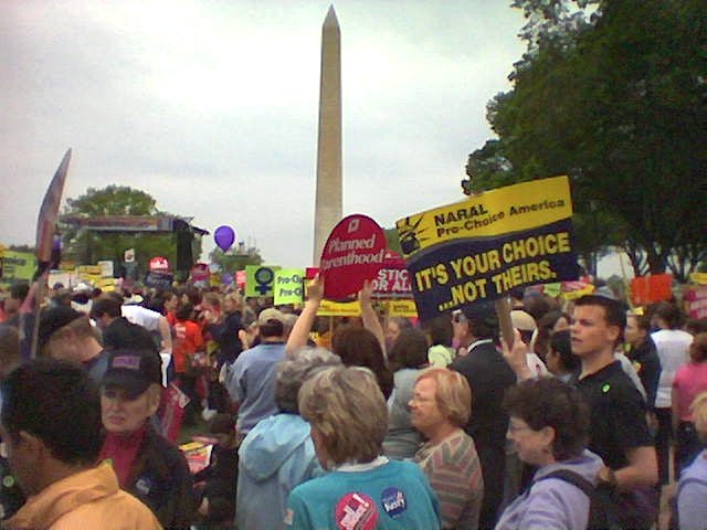 Abortion-rights activists before the Washington Monument in Washington, D.C., at the March for Women's Lives in 2004 Abortion-rights activists before the Washington Monument in Washington, D.C., at the March for Women's Lives in 2004. Photo Credit:Wikipedia