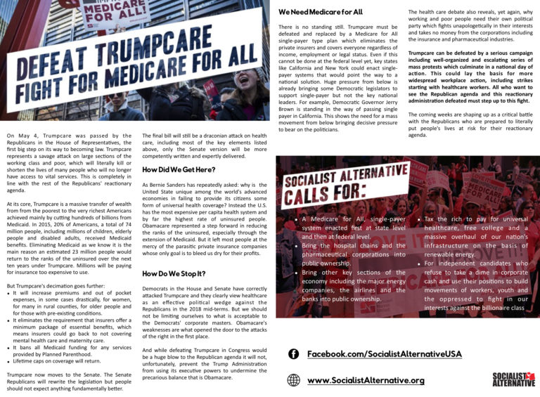 Leaflet and Petition: Defeat and Replace Trumpcare – Fight for Medicare for All